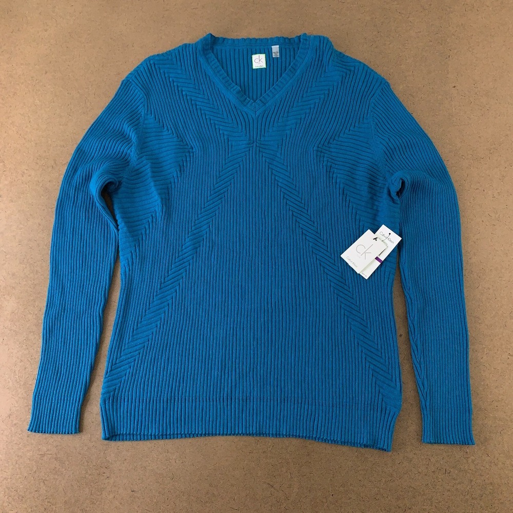 CK One Calvin Klein Men's SIze 2XL Turkish Tile Blue V Neck Pullover Sweater NWT